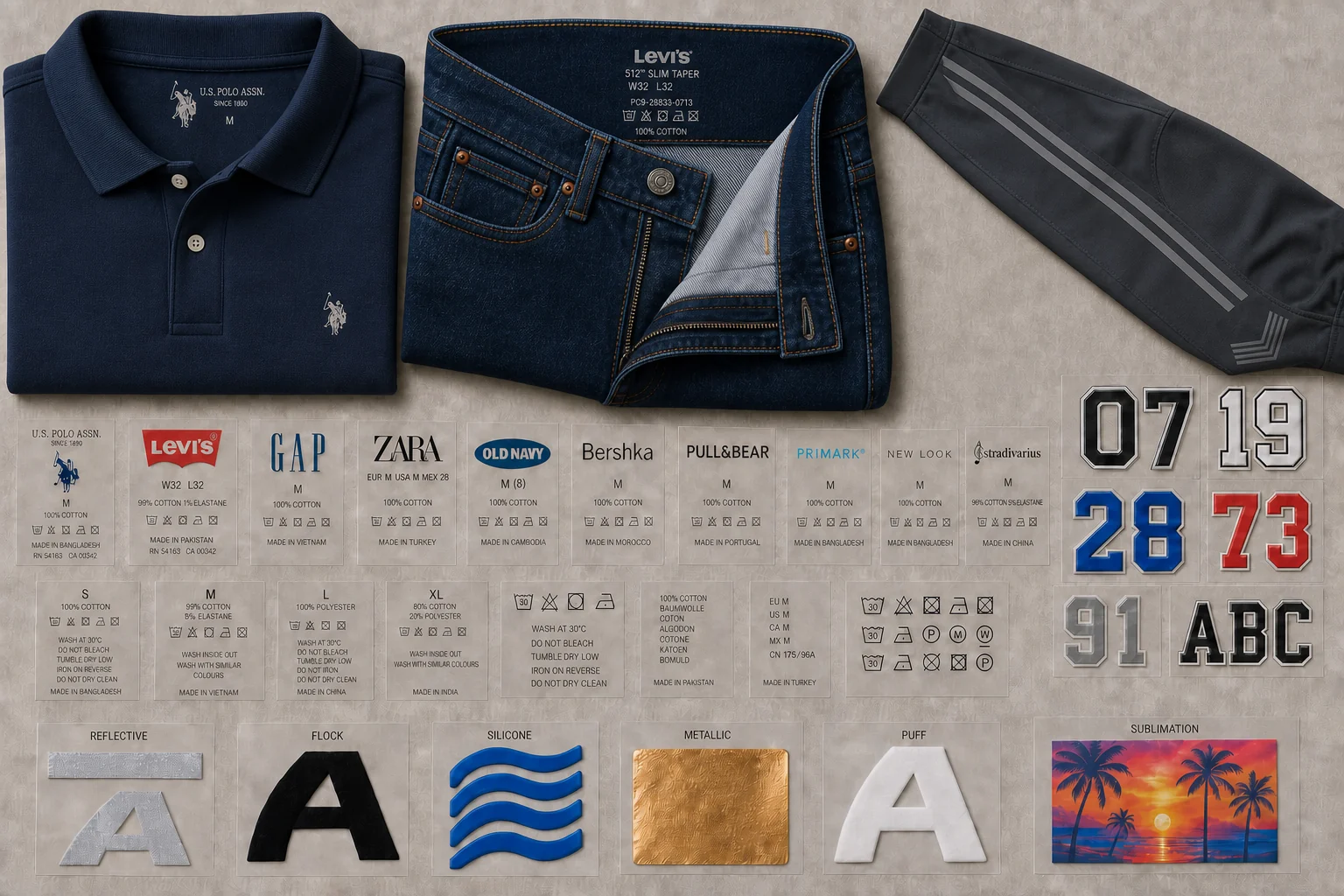 Branded portfolio of heat-transfer neck labels, garment graphics and textile transfers