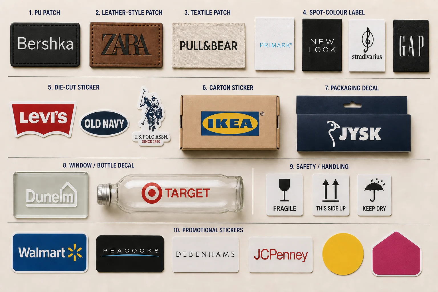 Branded portfolio of screen-printed patches, stickers and specialty decals