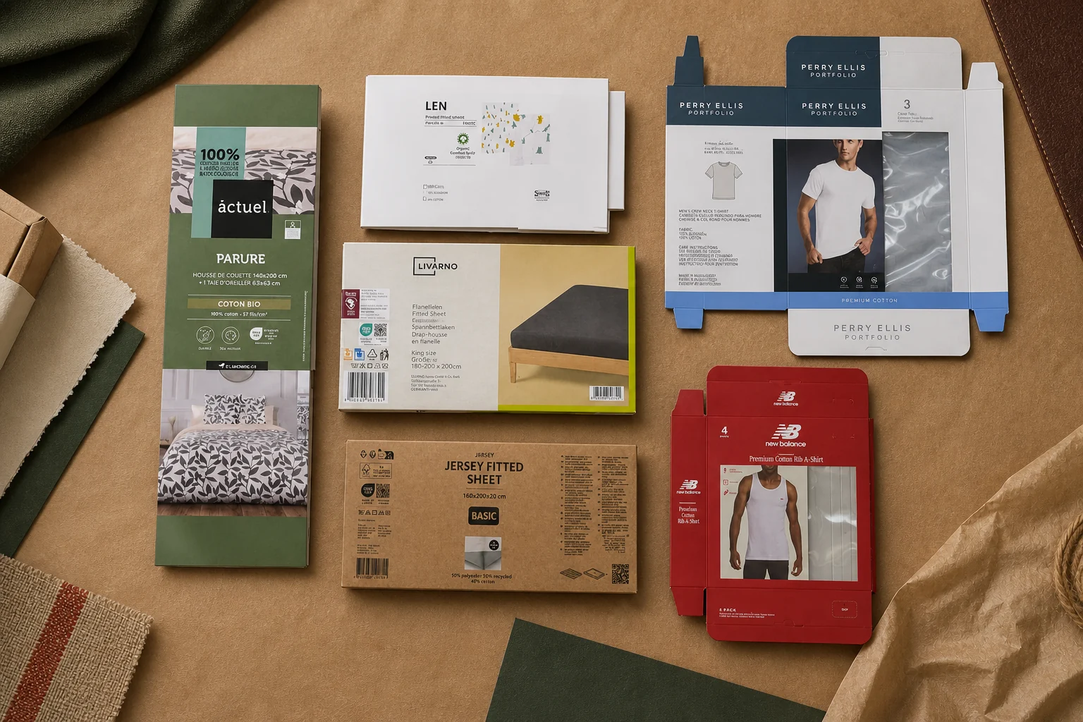 Editorial product photograph of printed Actuel, LEN, Livarno and Jersey textile packaging with Perry Ellis and New Balance cartons