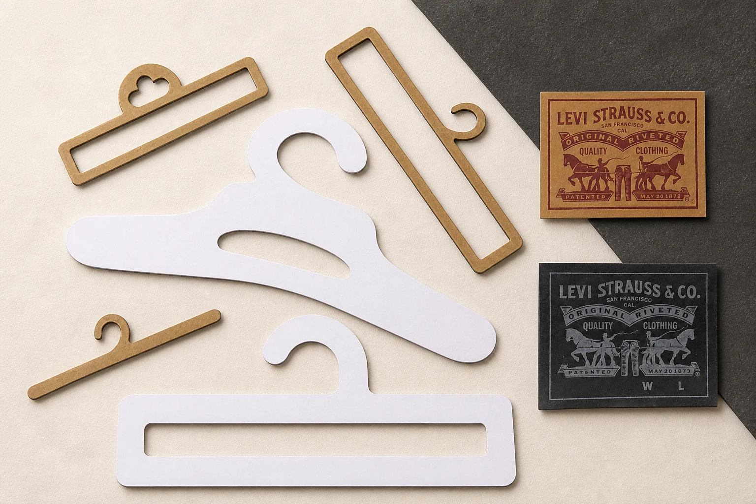 Editorial product photograph of paper hanger pieces and brown and black Levi's PU patches