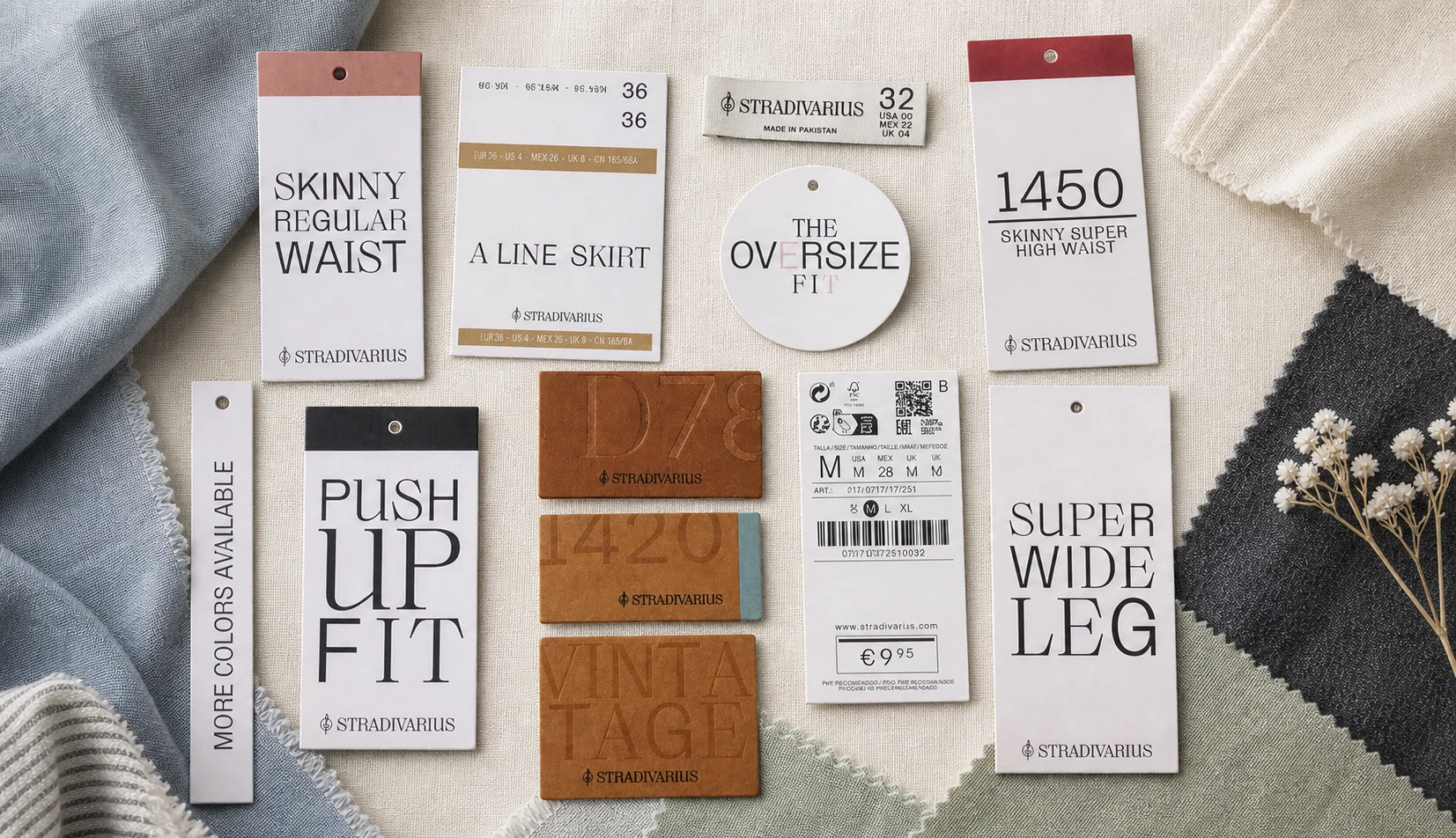 Editorial product photograph of a Stradivarius collection of branded garment tags and tickets