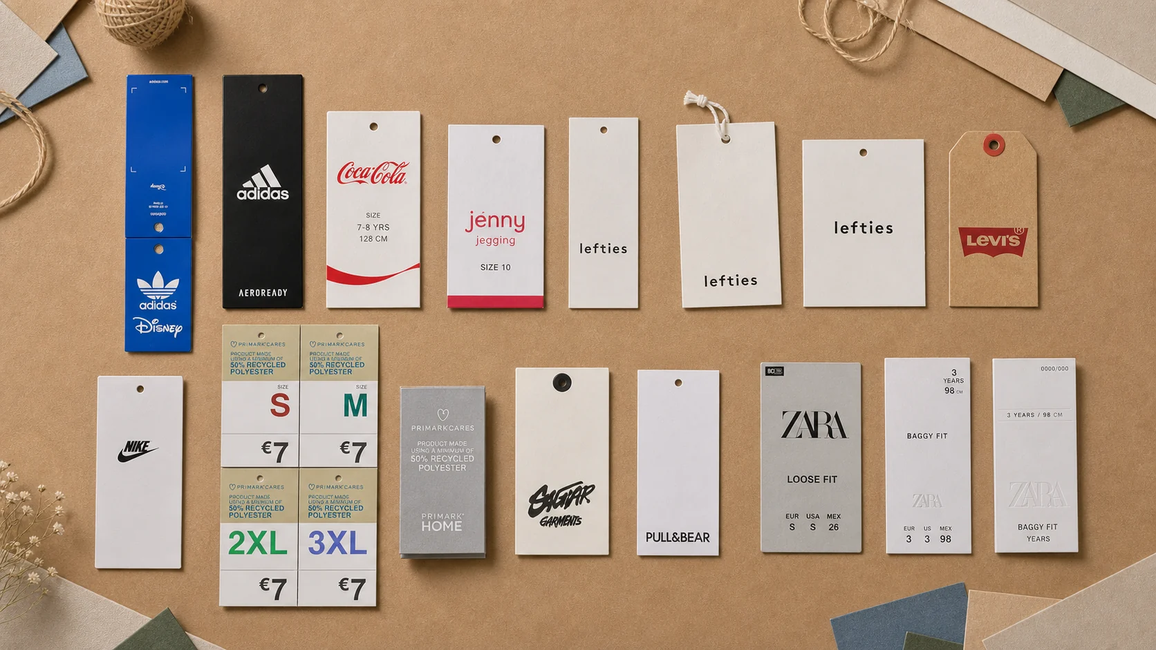 Editorial product photograph of Adidas, Coca-Cola, Jenny, Lefties, Levi's, Nike, Primark, Pull&Bear and Zara product tags