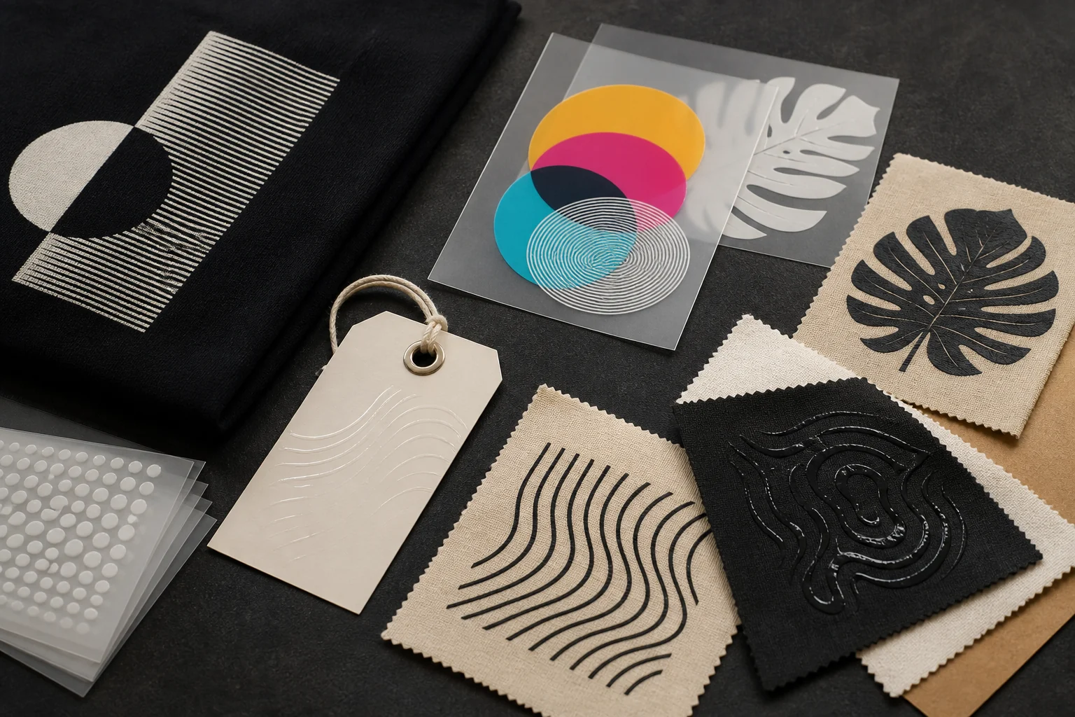 Specialty printed garment and packaging samples with screen, transfer, UV and eyelet finishing details